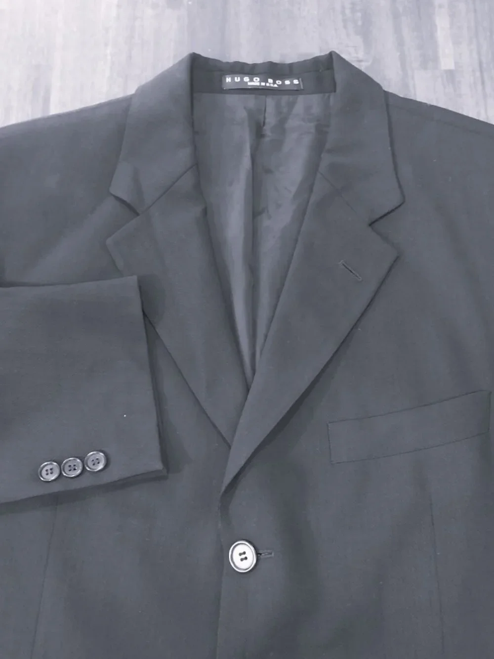 Vintage Hugo Boss Sport Coat 44R Solid Black 100% Virgin Wool Blazer Made in USA